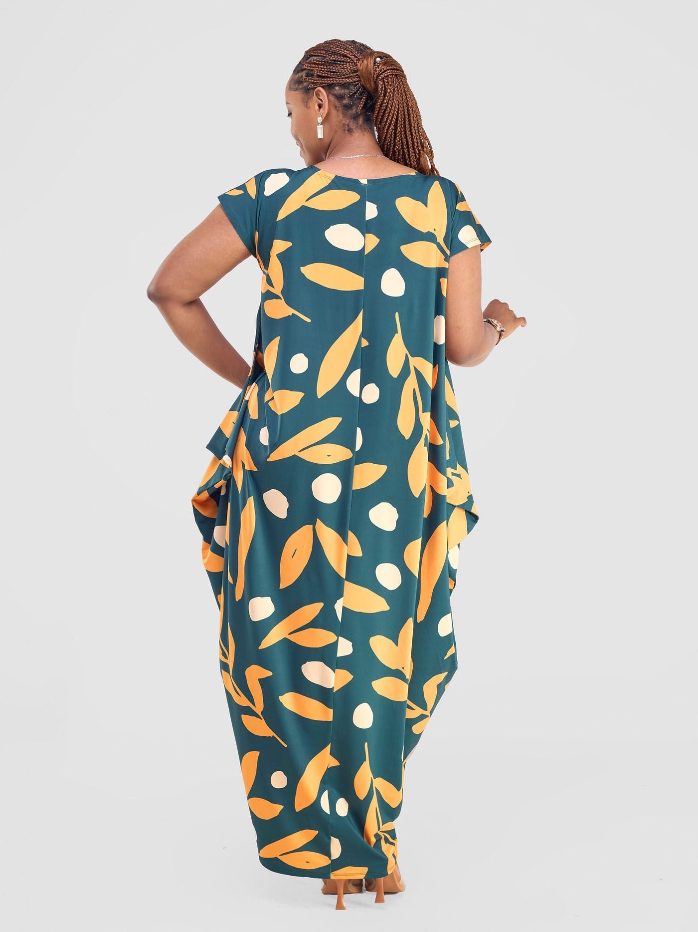 Vivo Fimi Drop Shoulder Maxi Dress - Dark Green / Orange Mbale Print - Shopzetu