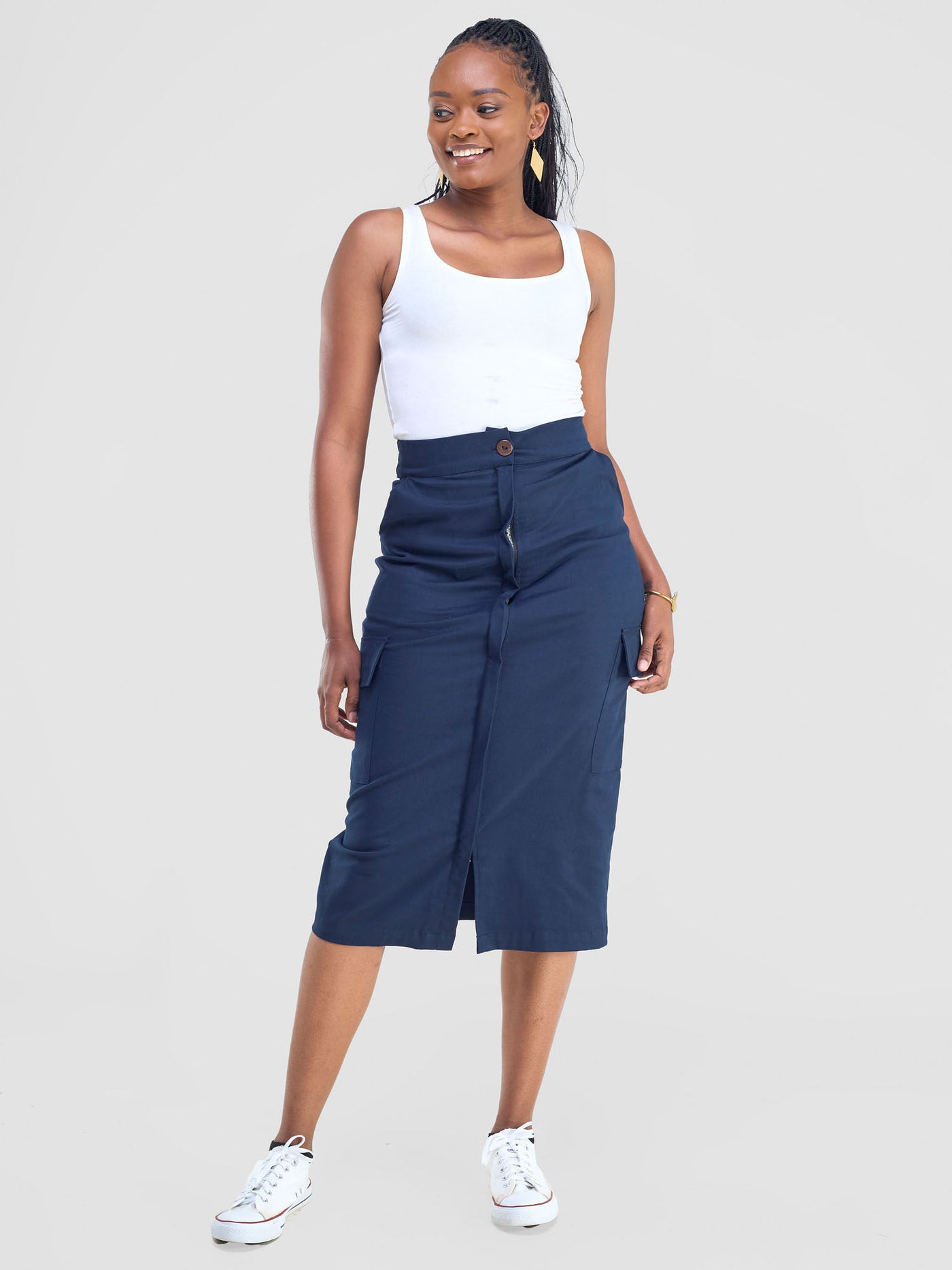 Safari Kamari  Front Slit Midi Skirt - Navy