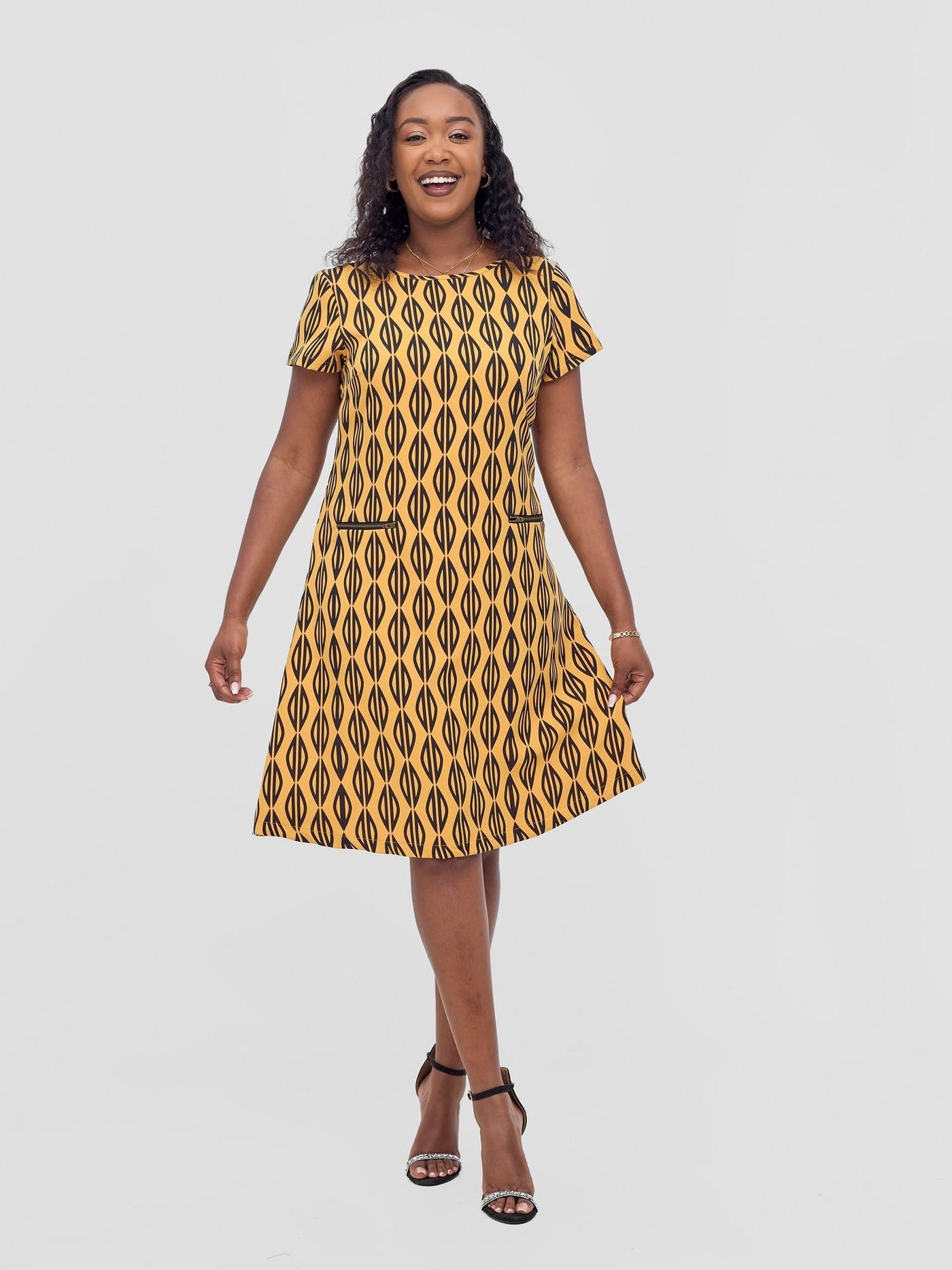 Vivo Mandla Side Zipper Dress - Mustard / Black Anila Print - Shopzetu