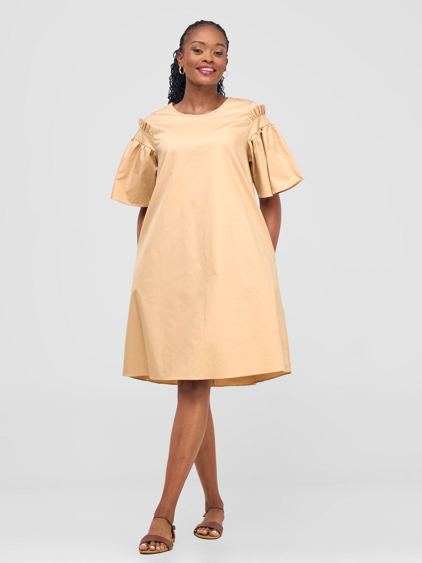 Mali Gathered Flounce Sleeve Tent Dress - Khaki