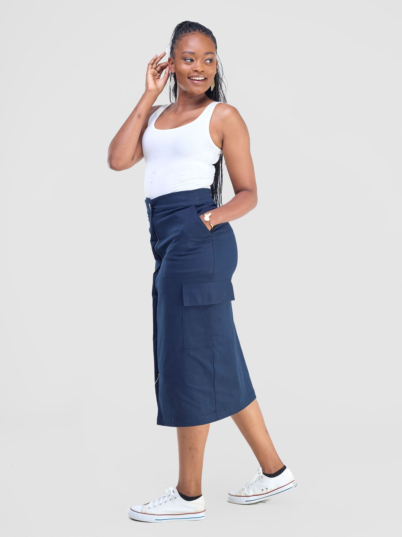 Safari Kamari  Front Slit Midi Skirt - Navy