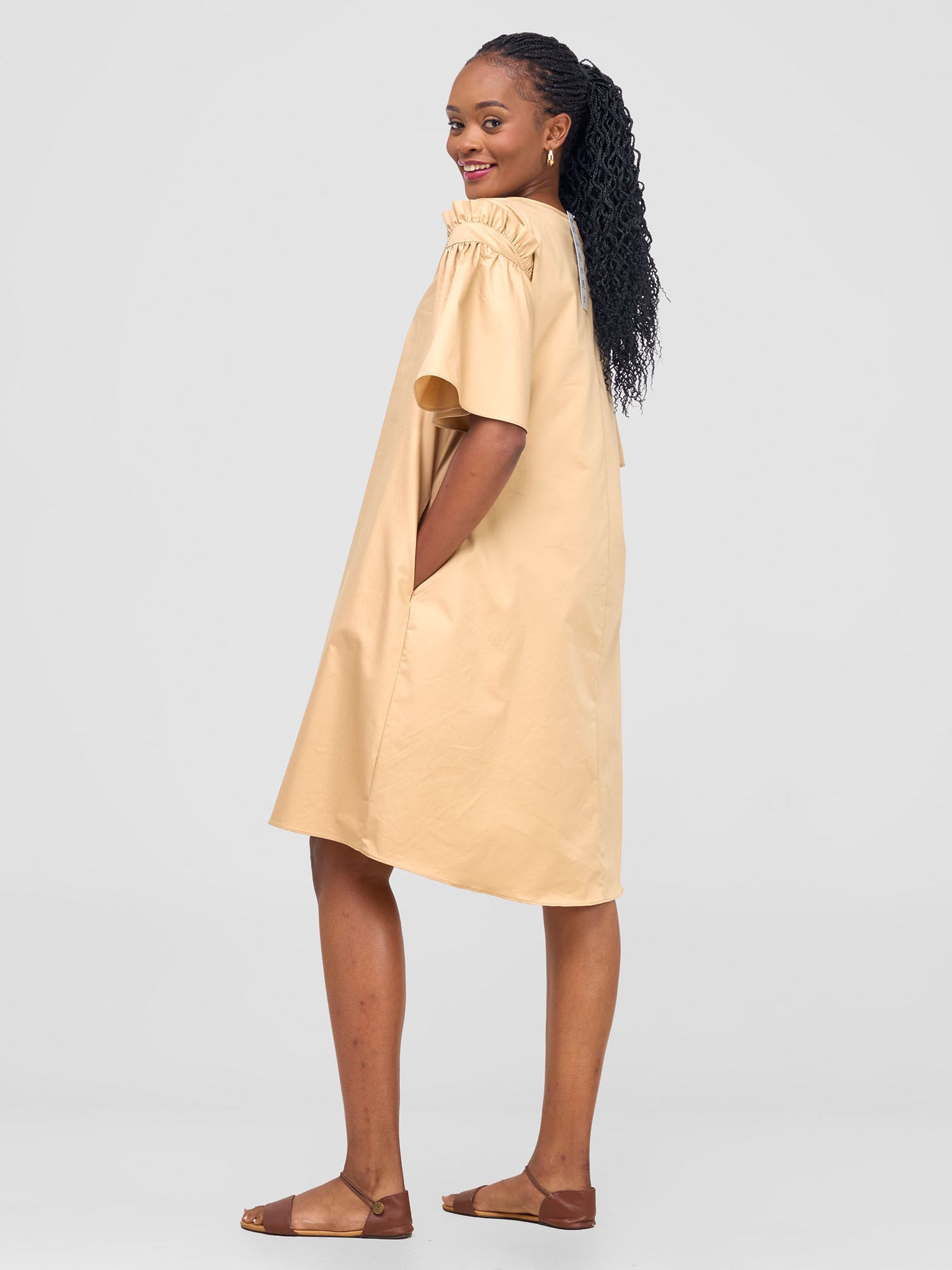 Mali Gathered Flounce Sleeve Tent Dress - Khaki