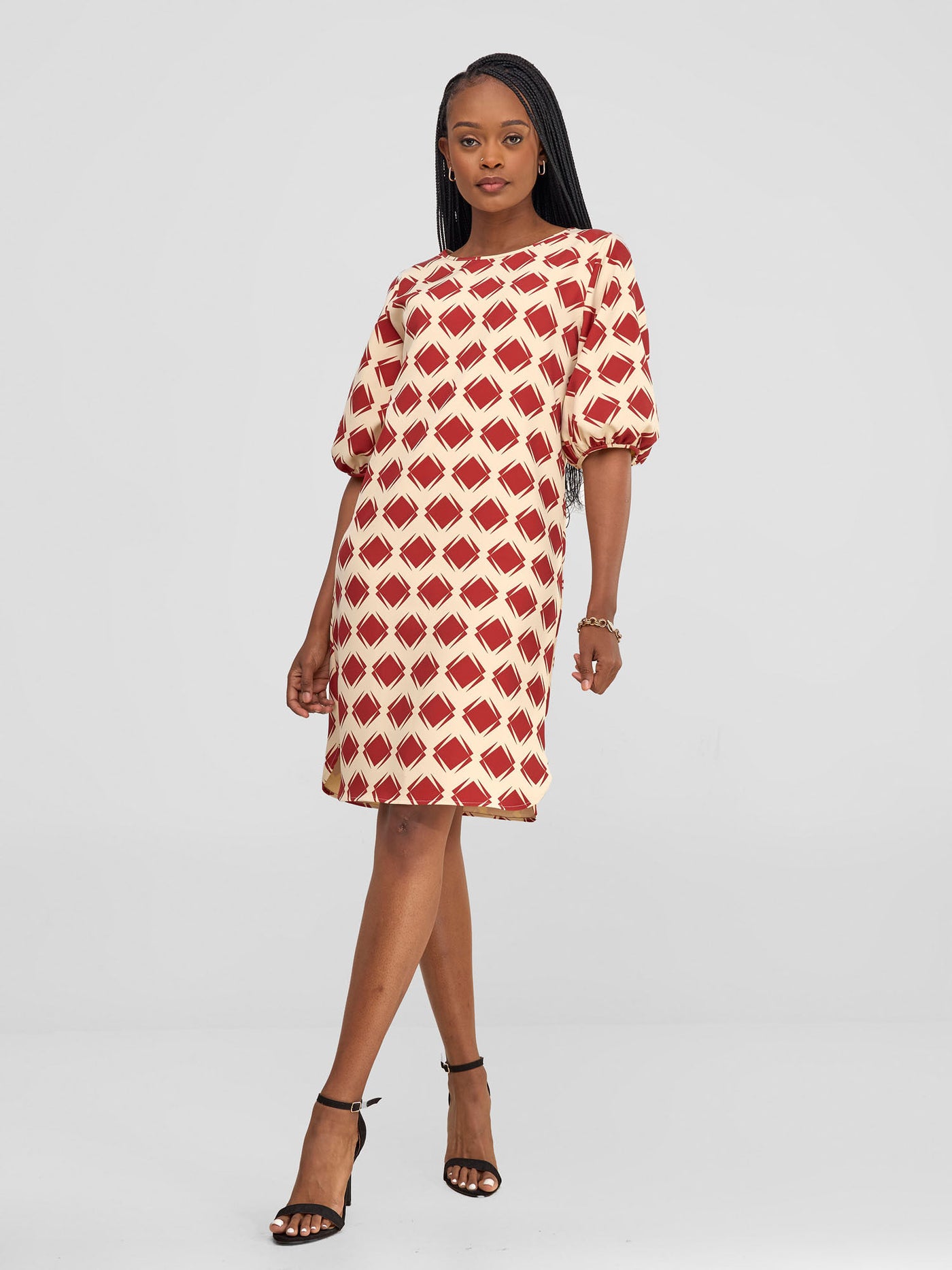 Vivo Sia 3/4 Bishop Sleeve Shift Dress (Petite) - Beige / Rust Gola Print - Shopzetu