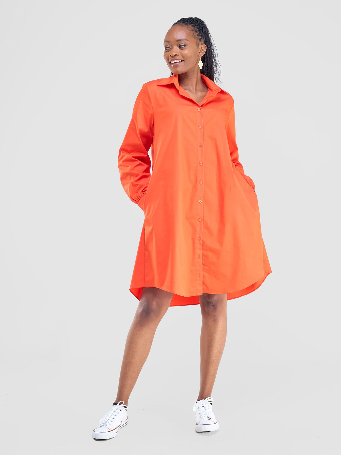 Kaya Long Sleeve Shirt Dress - Orange