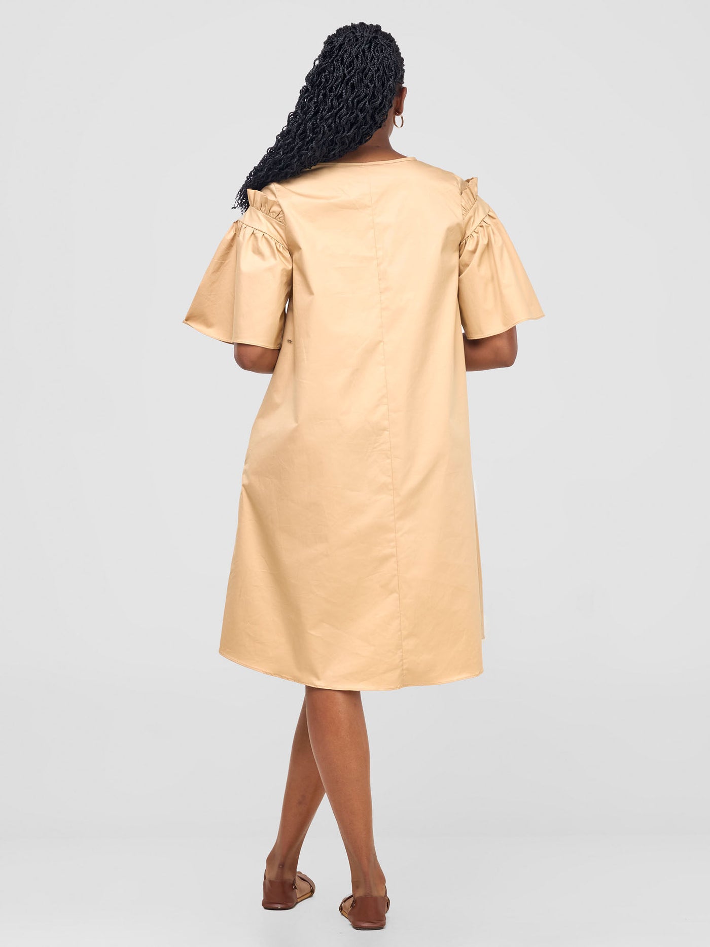 Mali Gathered Flounce Sleeve Tent Dress - Khaki