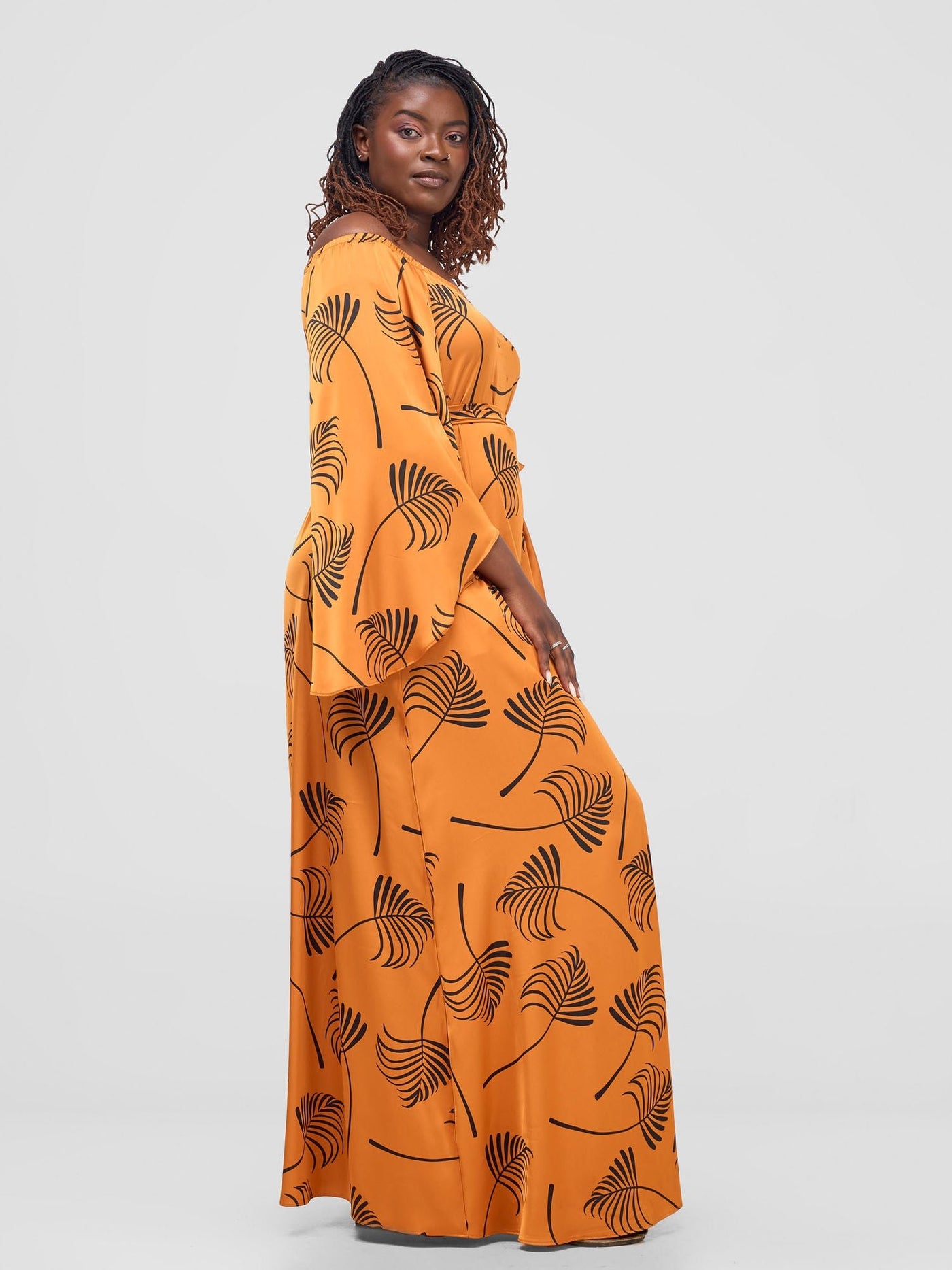 Vivo Sanali Off - Shoulder Maxi Dress - Mustard / Black Lifi Print - Shopzetu