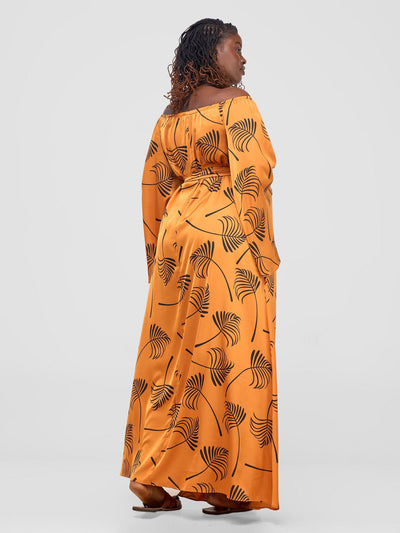 Vivo Sanali Off - Shoulder Maxi Dress - Mustard / Black Lifi Print - Shopzetu