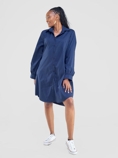 Kaya Long Sleeve Shirt Dress - Navy