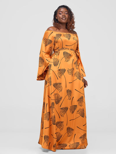 Vivo Sanali Off - Shoulder Maxi Dress - Mustard / Black Lifi Print - Shopzetu