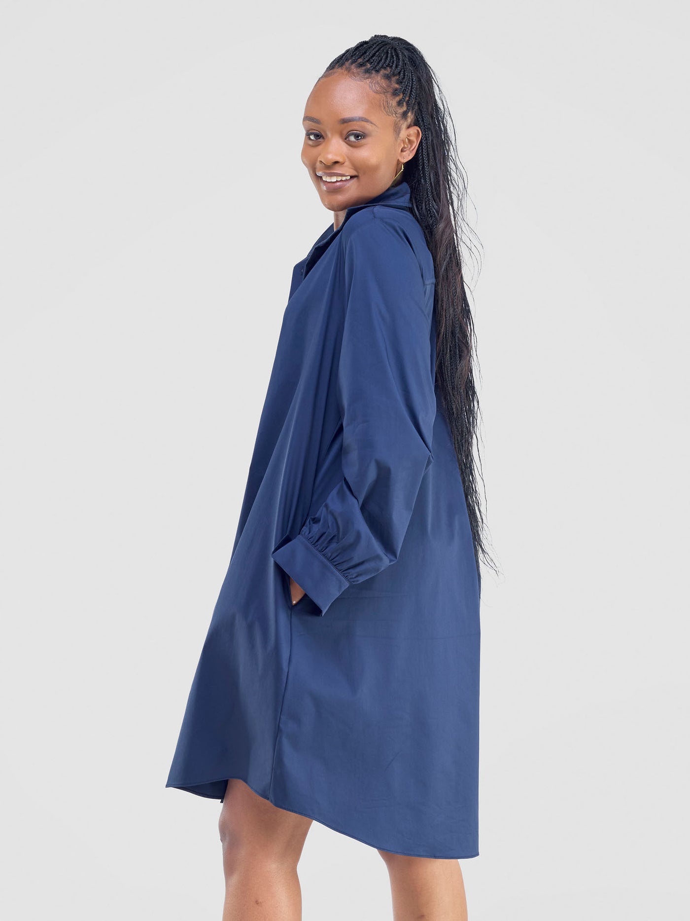 Kaya Long Sleeve Shirt Dress - Navy