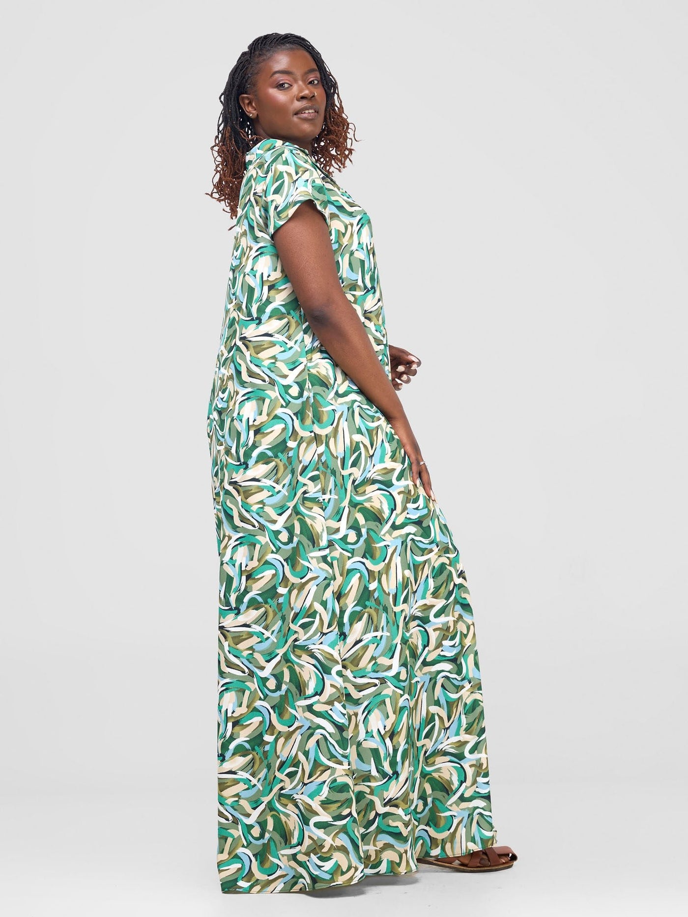 Vivo Zuri Cap Sleeved Maxi Dress - Green / Cream Print - Shopzetu