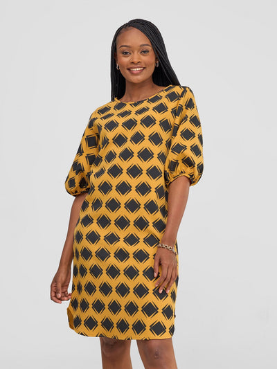 Vivo Sia 3/4 Bishop Sleeve Shift Dress (Petite) - Mustard / Black Gola Print - Shopzetu