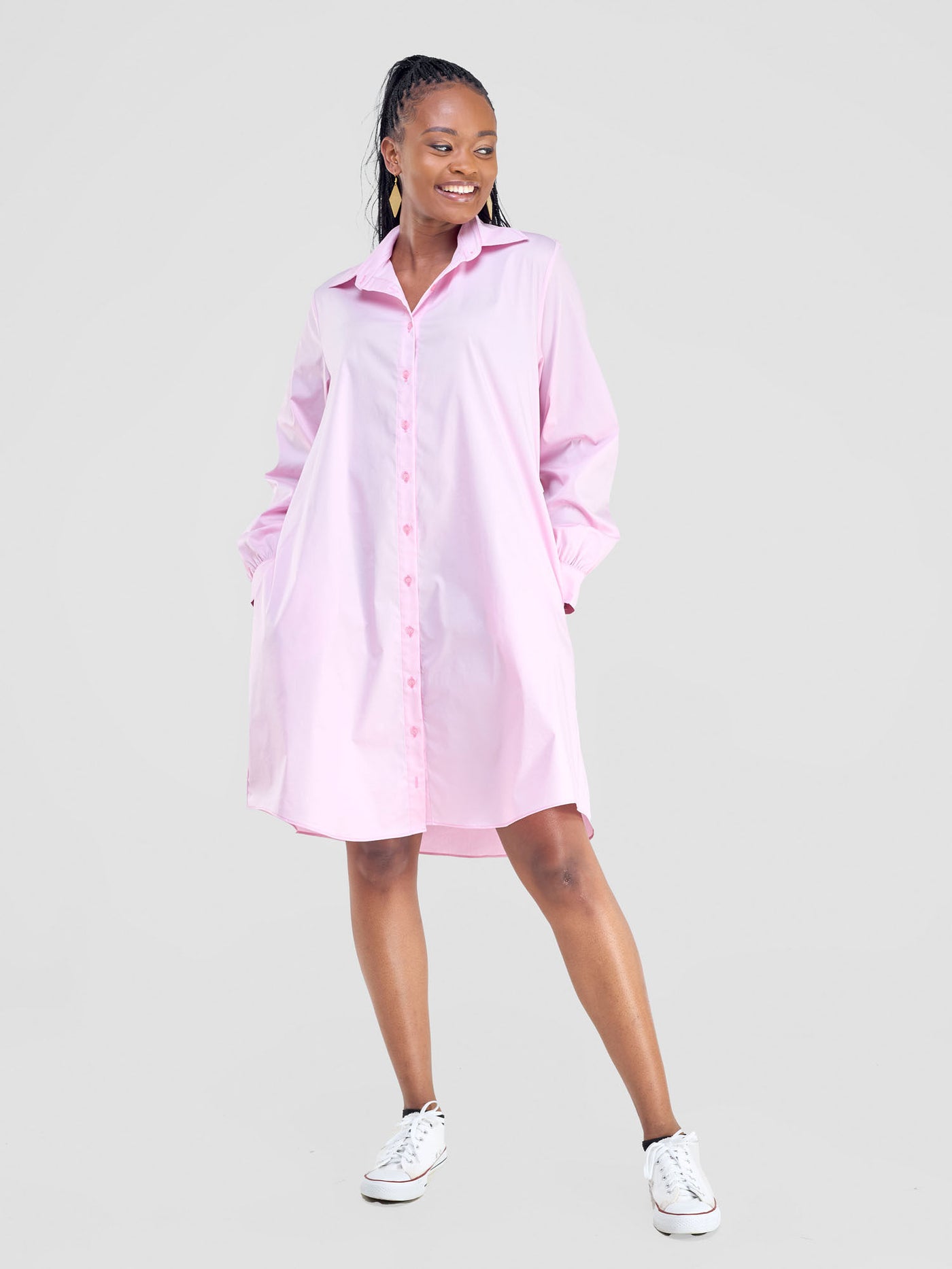 Kaya Long Sleeve Shirt Dress - Light Pink