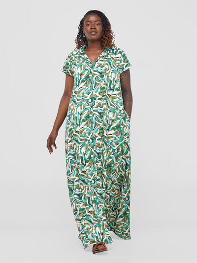 Vivo Zuri Cap Sleeved Maxi Dress - Green / Cream Print - Shopzetu