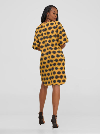 Vivo Sia 3/4 Bishop Sleeve Shift Dress (Petite) - Mustard / Black Gola Print - Shopzetu