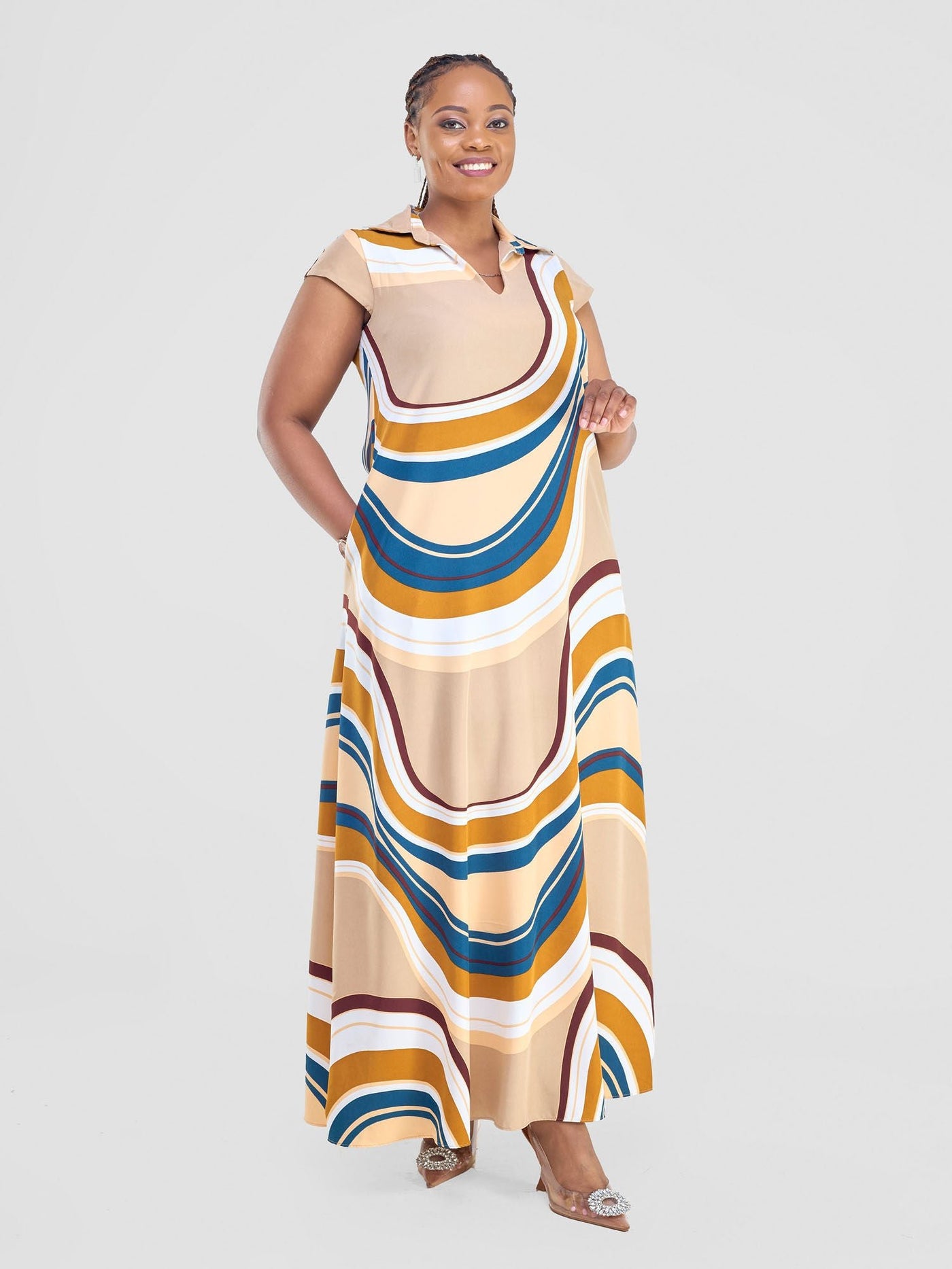 Vivo Zuri Cap Sleeved Maxi Dress - Peach / Teal Spiral Print - Shopzetu