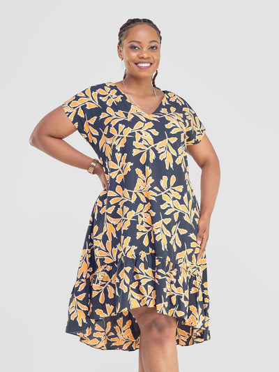 Vivo Asha Drop Shoulder Knee Length Dress - Black / Yellow Floral Print - Shopzetu