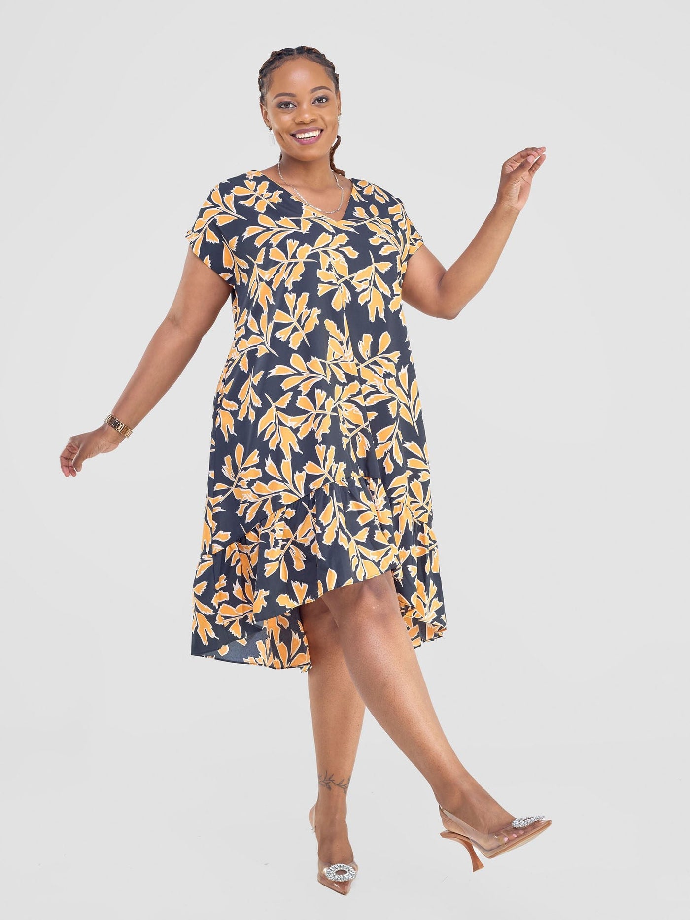 Vivo Asha Drop Shoulder Knee Length Dress - Black / Yellow Floral Print - Shopzetu