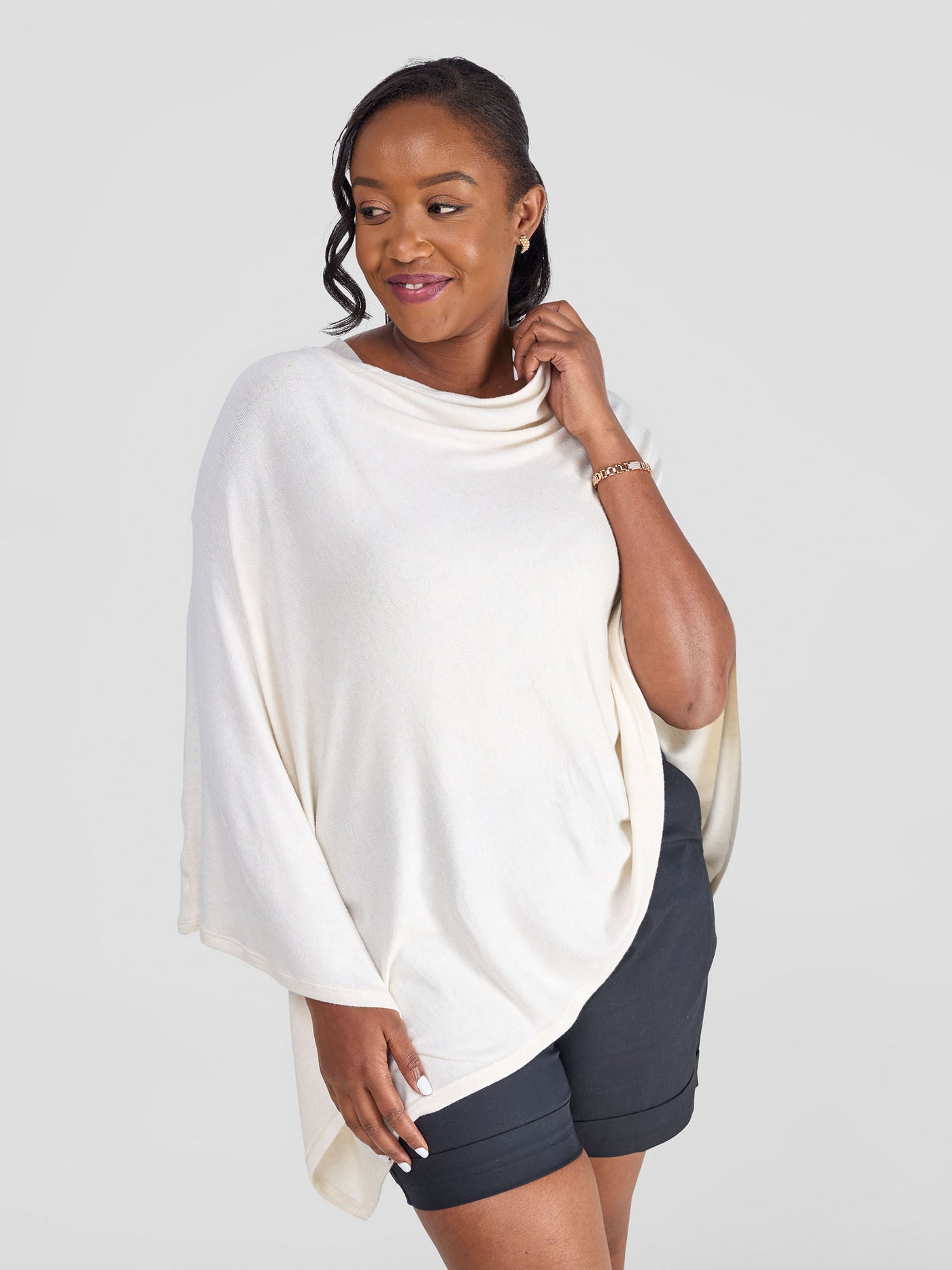 Safari Bush Asymmetrical Sweater Poncho - Off White