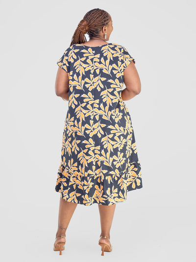 Vivo Asha Drop Shoulder Knee Length Dress - Black / Yellow Floral Print - Shopzetu