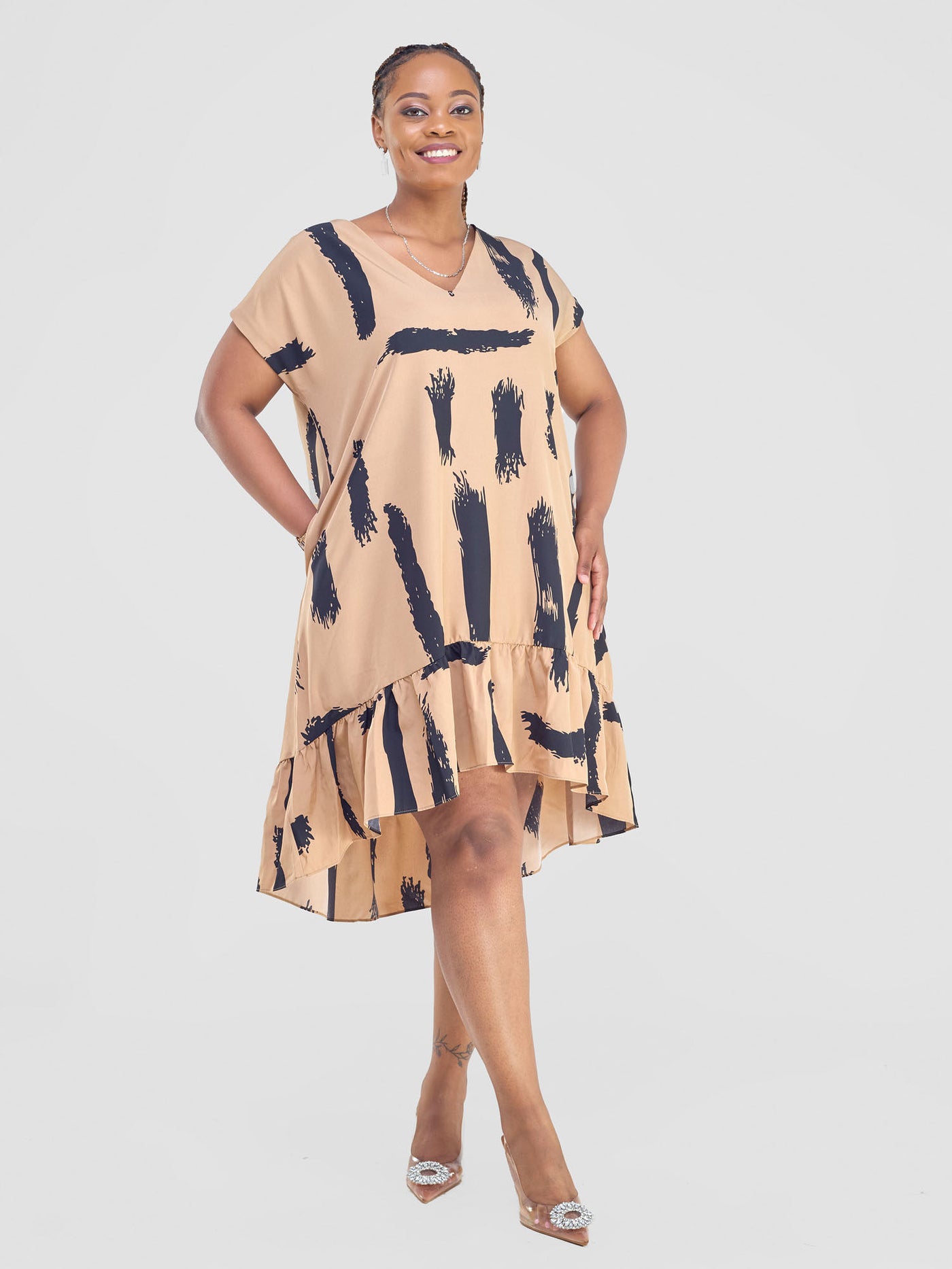 Asha Drop Shoulder Knee Length Dress - Tan / Black Print