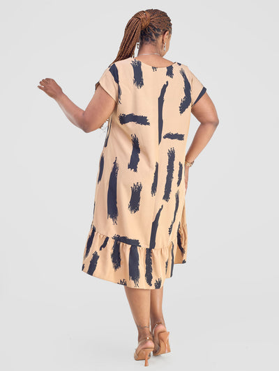 Asha Drop Shoulder Knee Length Dress - Tan / Black Print