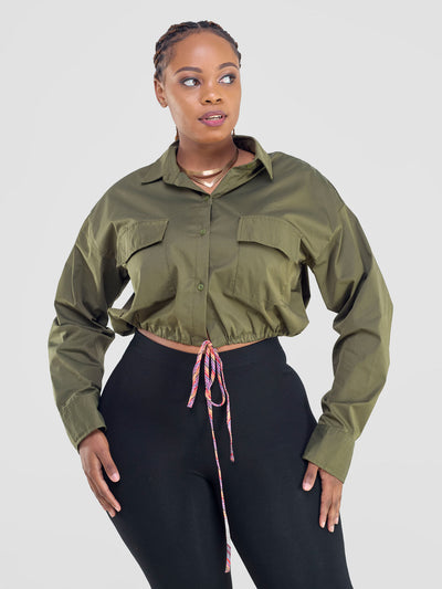 Safari Kamari Long Sleeve Drawstring Shacket - Hunters Green - Shopzetu