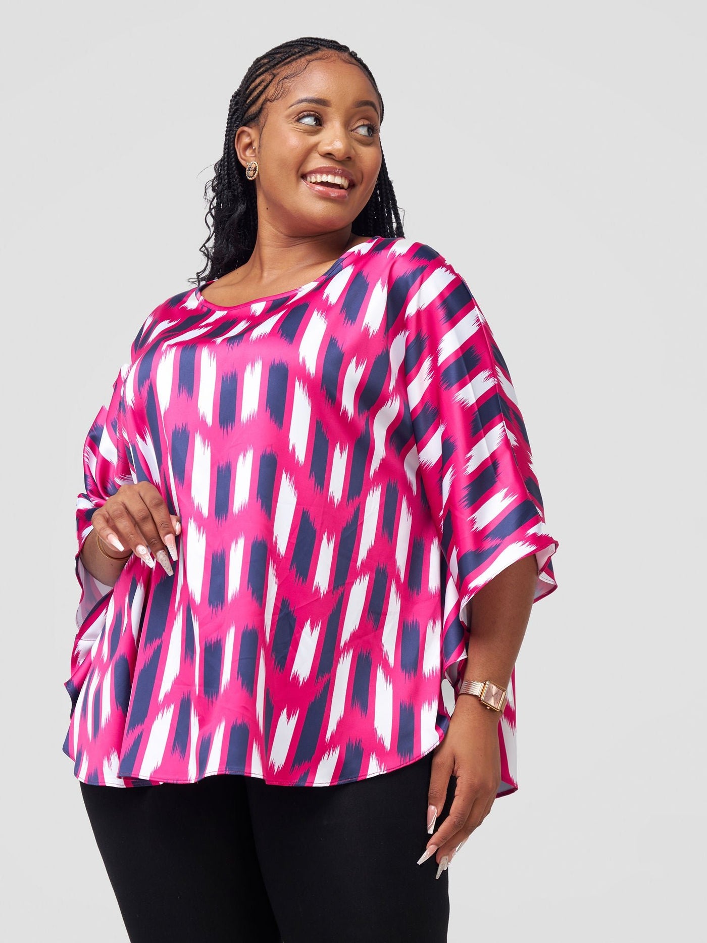 Vivo Sakari Circular Loose Top - Pink / Navy Print - Shopzetu