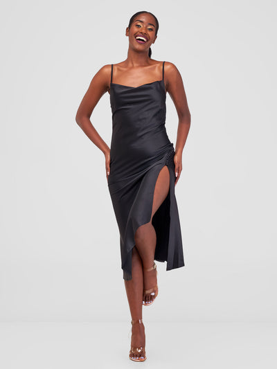 Lola Satin Slip Dress With Side Buttons - Black