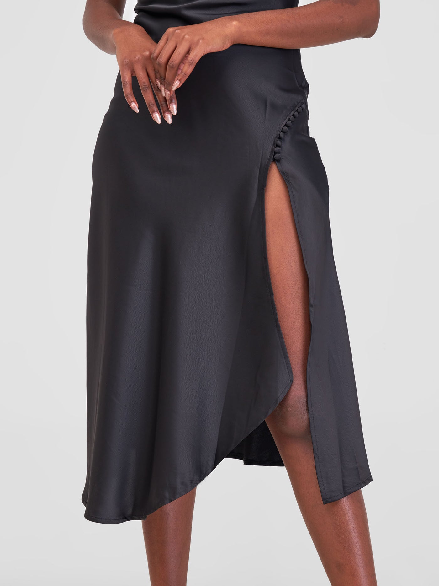 Lola Satin Slip Dress With Side Buttons - Black