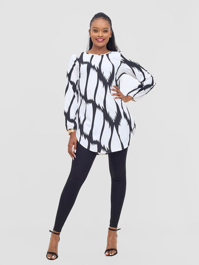 Basic Tsavo Scalloped Chiffon Top - Black / White Savo Print