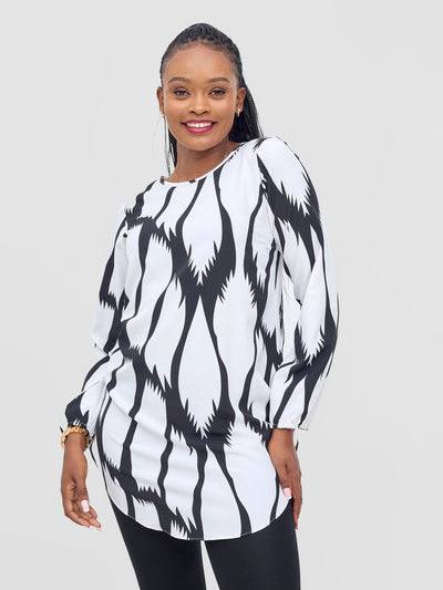 Basic Tsavo Scalloped Chiffon Top - Black / White Savo Print