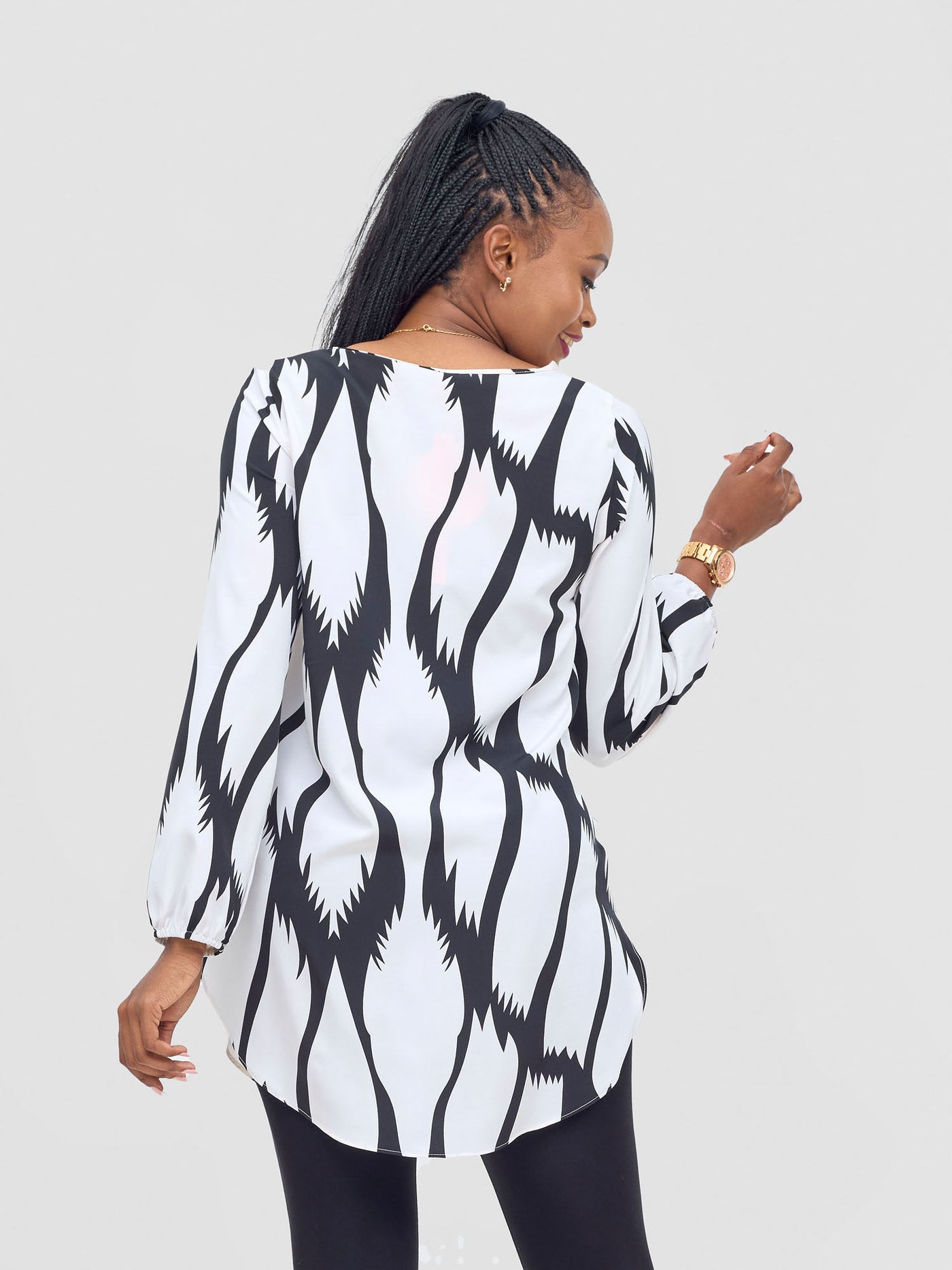 Basic Tsavo Scalloped Chiffon Top - Black / White Savo Print