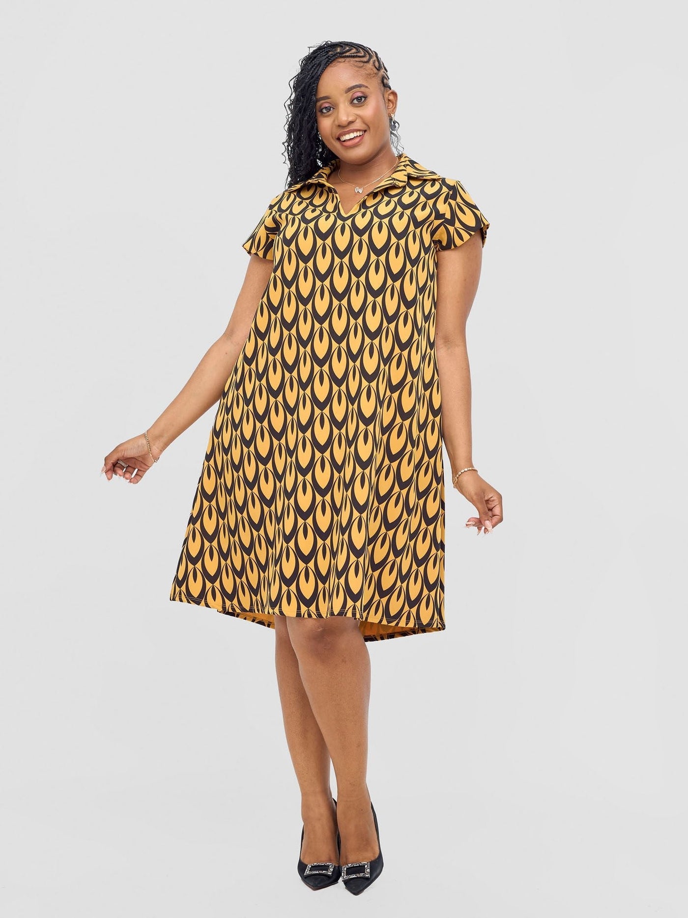 Vivo Mandla Tent Dress - Mustard / Black Manla Print - Shopzetu