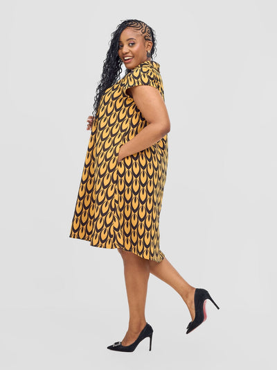 Vivo Mandla Tent Dress - Mustard / Black Manla Print - Shopzetu