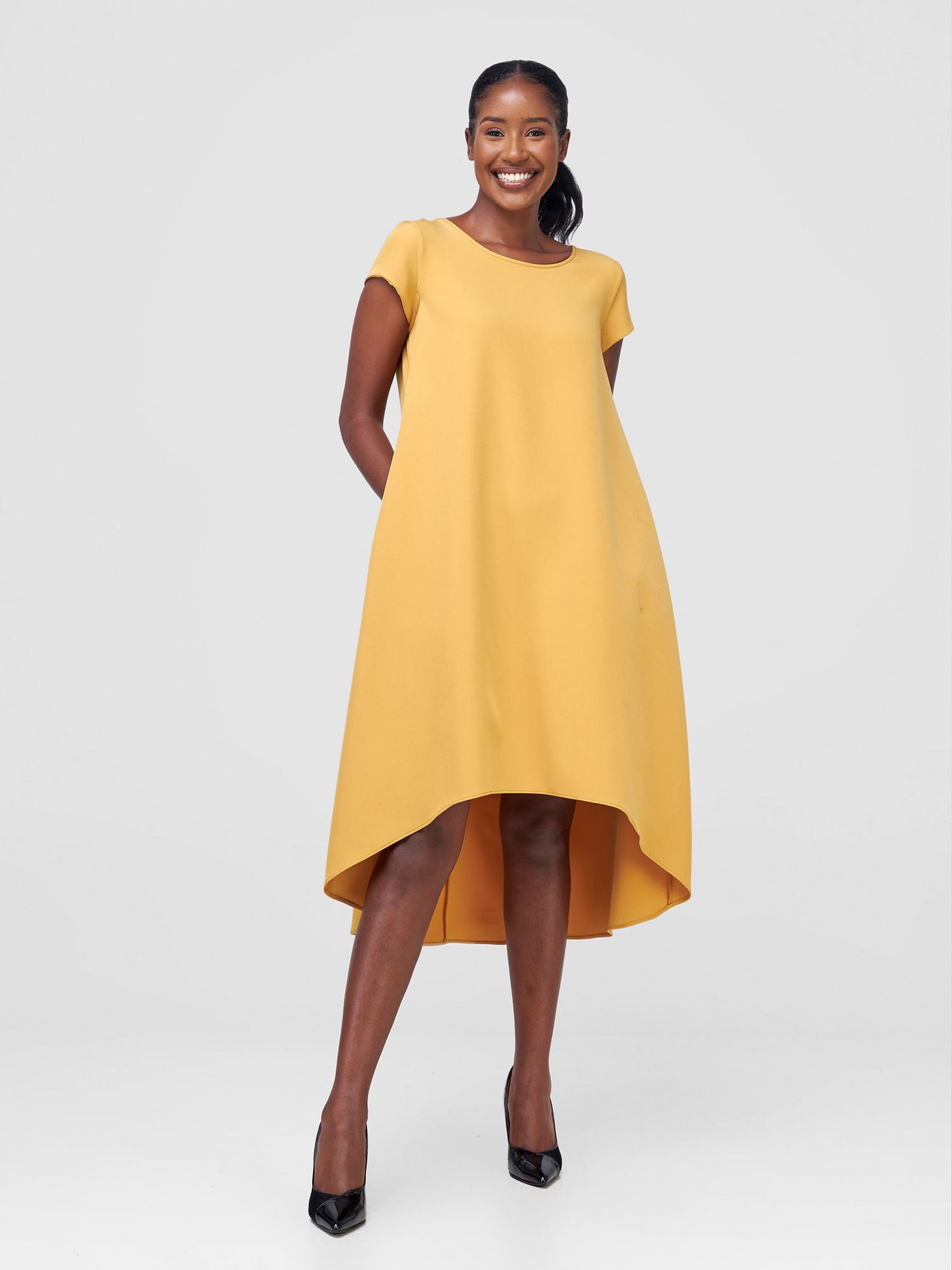 Vivo Pendo Cap Sleeve High Low Tent Dress - Mustard