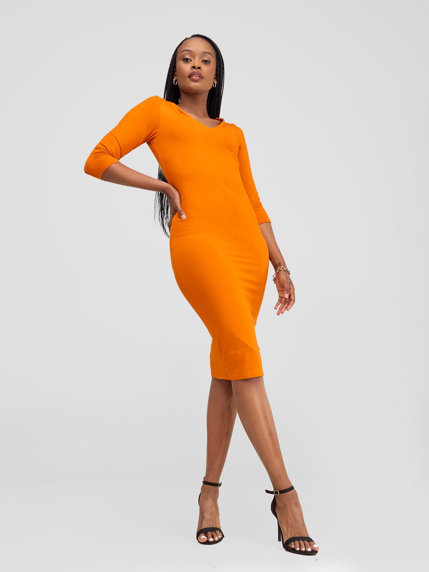 Basic 3/4 Sleeve Double Layered Bodycon Dress - Burnt Orange