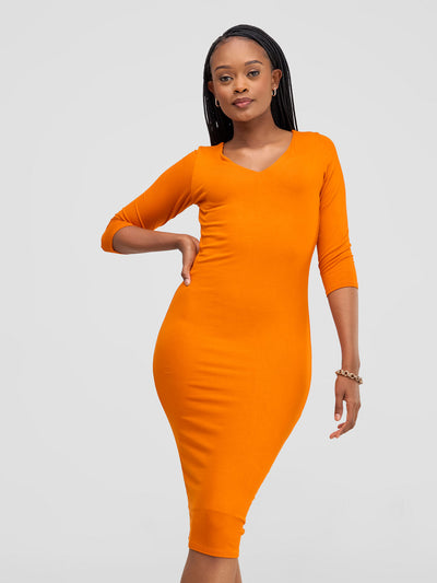 Basic 3/4 Sleeve Double Layered Bodycon Dress - Burnt Orange