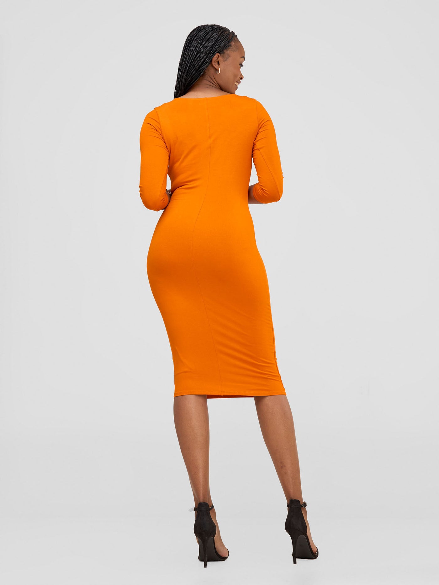 Basic 3/4 Sleeve Double Layered Bodycon Dress - Burnt Orange