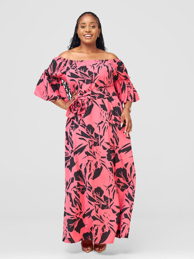 Vivo Tana Off Shoulder Maxi Dress - Light Pink / Black Lawi Print - Shopzetu