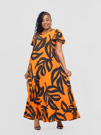 Vivo Ruwa Flounce Sleeve Tent Maxi Dress - Orange / Black Sese Print - Shopzetu