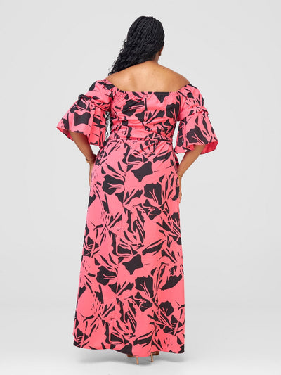 Vivo Tana Off Shoulder Maxi Dress - Light Pink / Black Lawi Print - Shopzetu