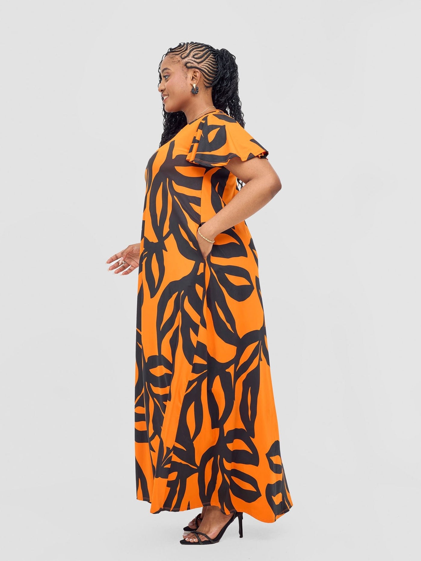 Vivo Ruwa Flounce Sleeve Tent Maxi Dress - Orange / Black Sese Print - Shopzetu