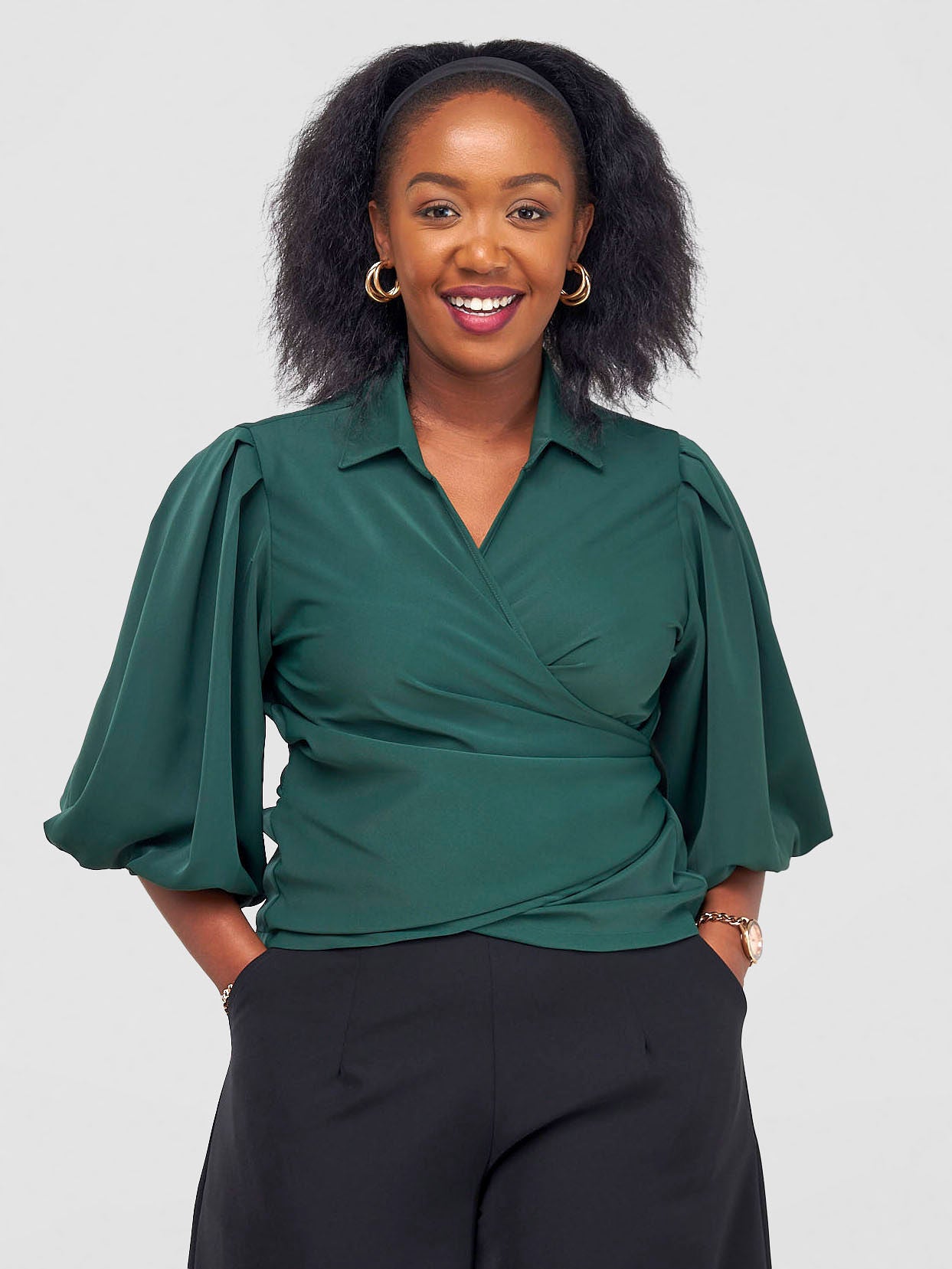 Vivo Zaria Bishop Sleeve Tie Top - Dark Green - Shopzetu