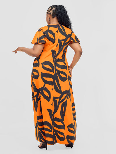 Vivo Ruwa Flounce Sleeve Tent Maxi Dress - Orange / Black Sese Print - Shopzetu