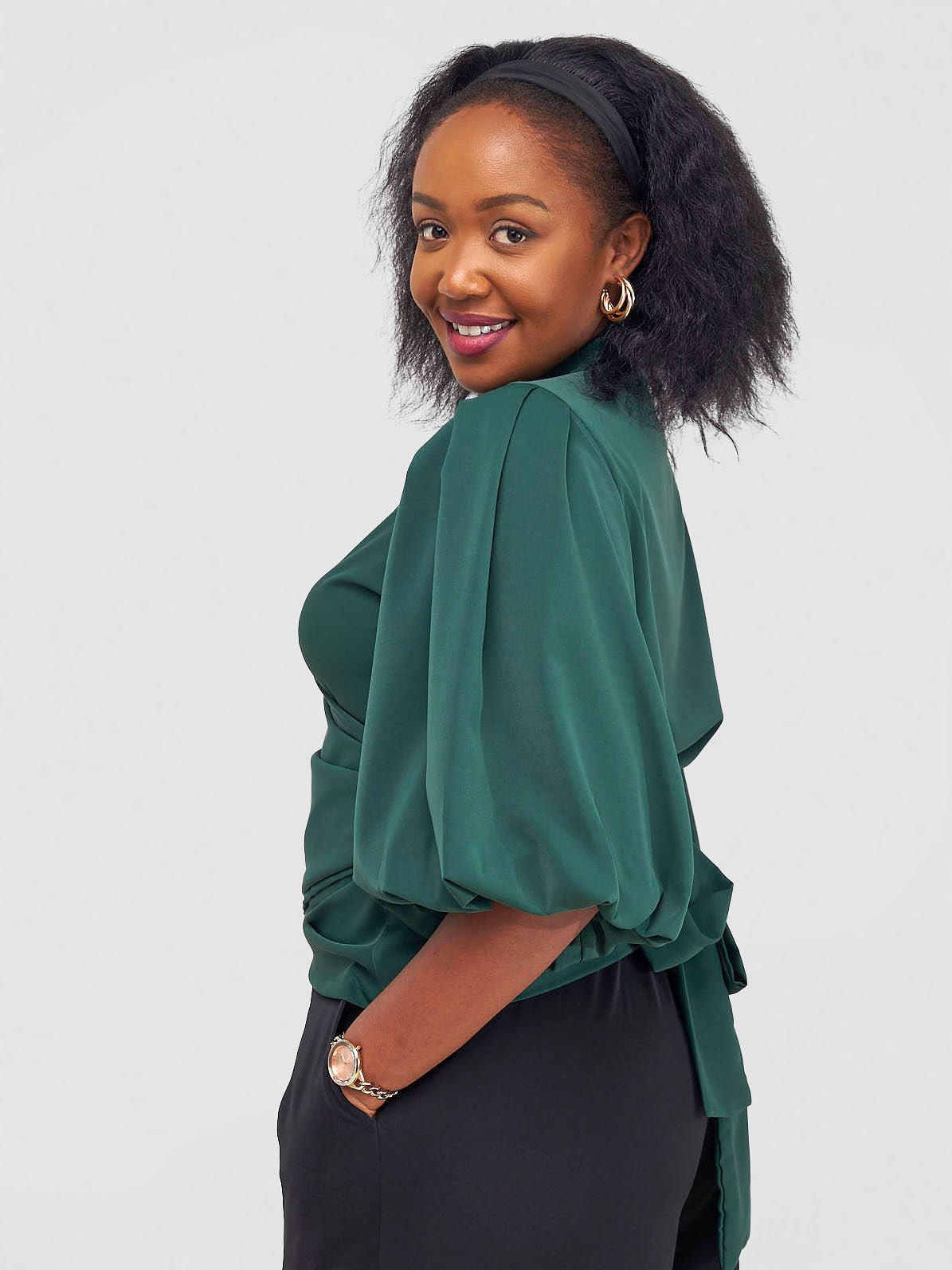 Vivo Zaria Bishop Sleeve Tie Top - Dark Green - Shopzetu