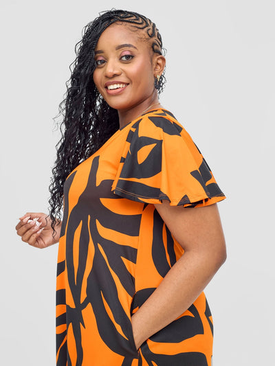 Vivo Ruwa Flounce Sleeve Tent Maxi Dress - Orange / Black Sese Print - Shopzetu