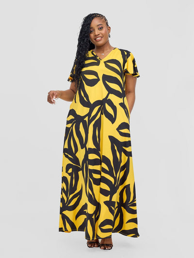 Vivo Ruwa Flounce Sleeve Tent Maxi Dress - Mustard / Black Sese Print - Shopzetu