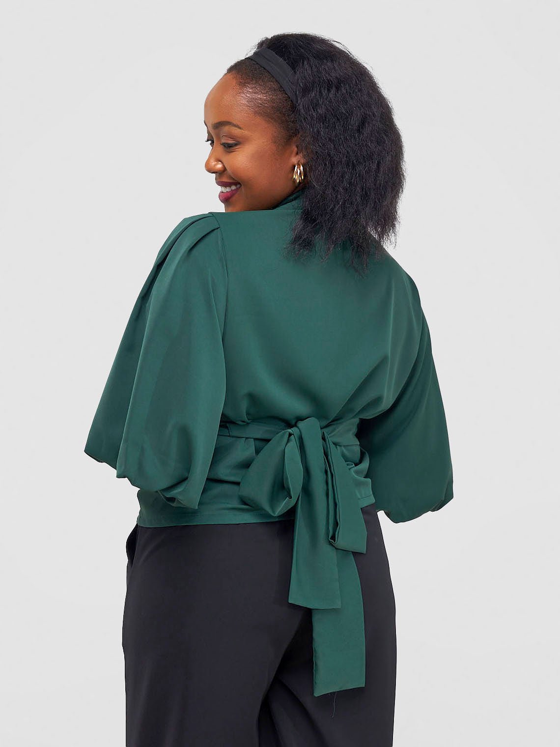 Vivo Zaria Bishop Sleeve Tie Top - Dark Green - Shopzetu