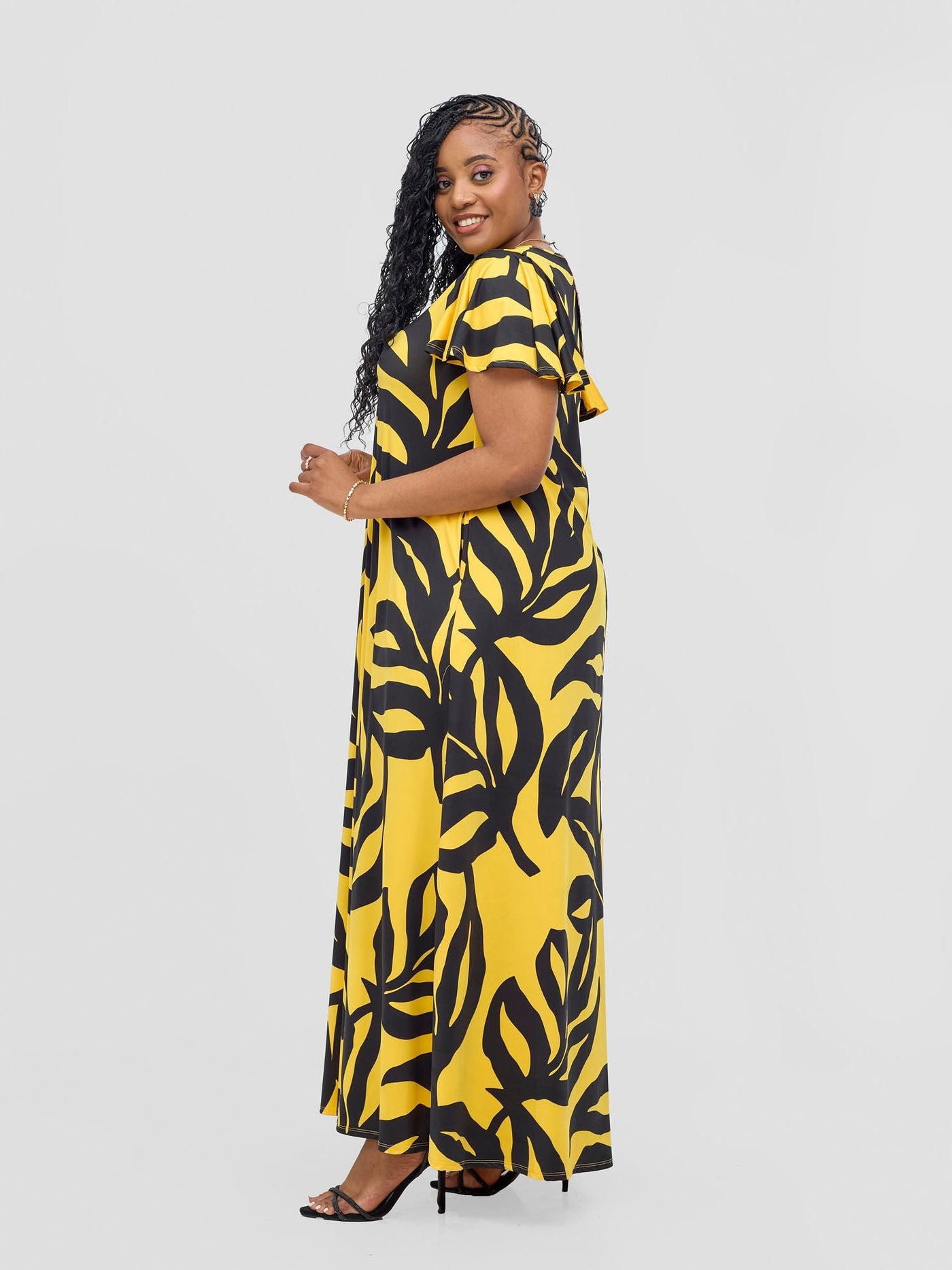 Vivo Ruwa Flounce Sleeve Tent Maxi Dress - Mustard / Black Sese Print - Shopzetu